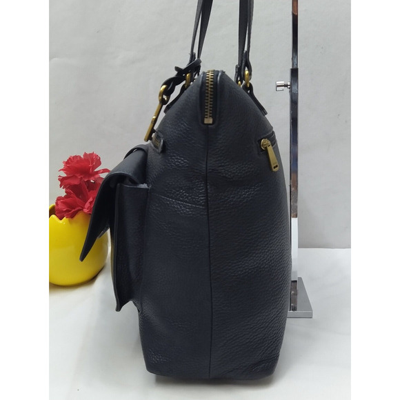 Fossil Black Pebbled Leather Front Pocket Zipper Closure Satchel Shoulder Bag - Picture 5 of 16